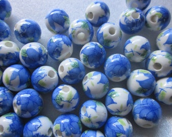 Blue Multi Color Porcelain Beads 10mm 14 Beads