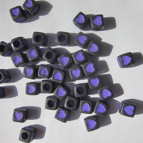 Black and Purple Cube Heart Acrylic Beads 7x7mm 20 Beads