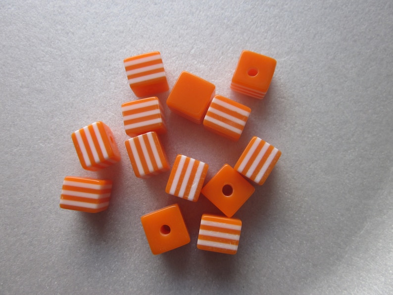 Orange and White Cube Resin Beads 8x7mm 12 Beads
