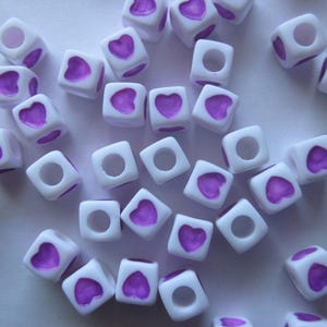 Purple and White Heart Cube Acrylic Beads 7x7mm 14 Beads