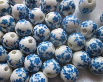 Blue and White Round Porcelain Beads 12mm 16 Beads