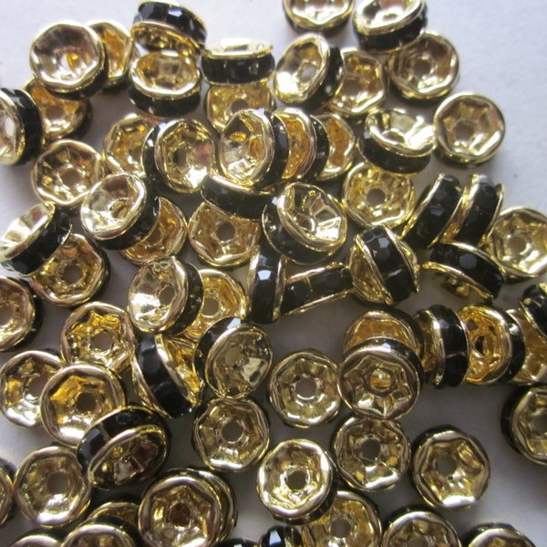 Gold and Black Rondelle Brass Rhinestone Spacer Beads 6mm 24 Beads