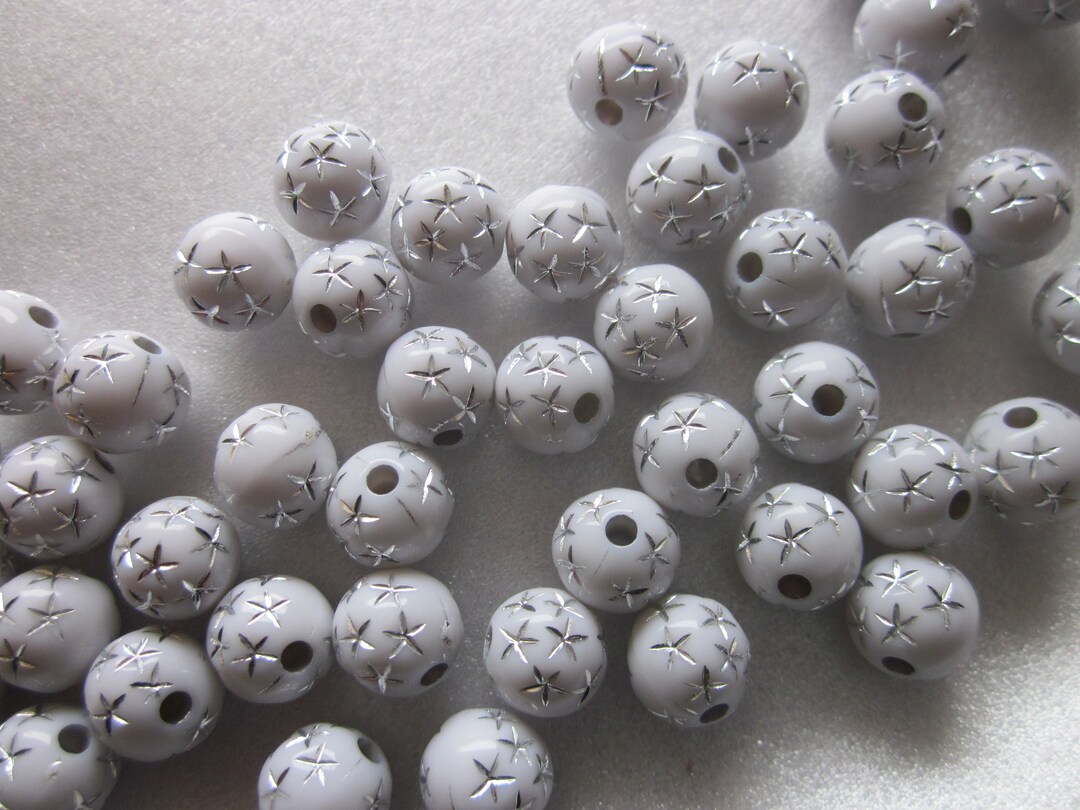 White and Silver Round Star Acrylic Beads 8mm 20 Beads - Etsy