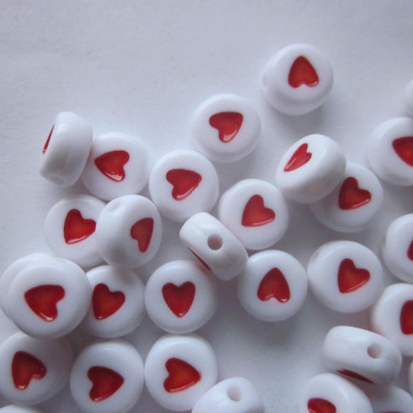 Red and White Flat Round Heart Acrylic Beads 7mm 14 Beads