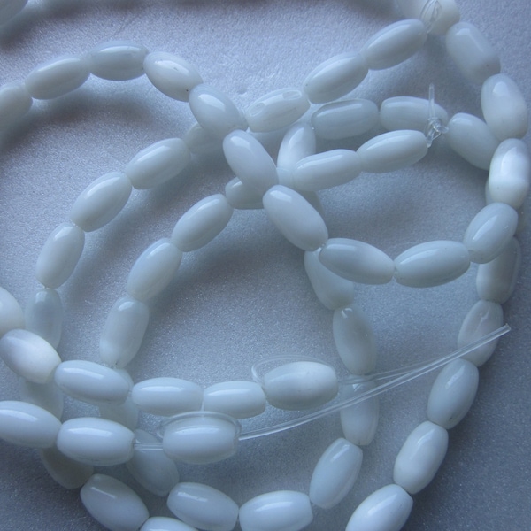 White Cats Eye Glass Oval Beads 8-9mm 14 Beads