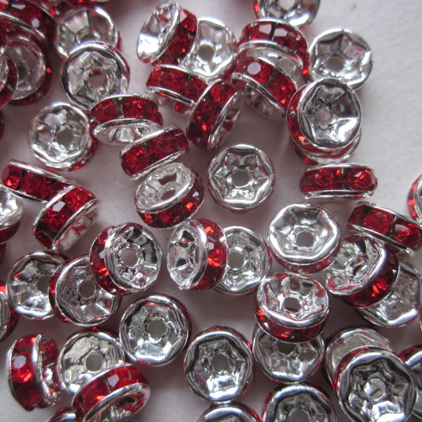 Red and Silver Rondelle Rhinestone Spacer Beads 6mm 20 Beads