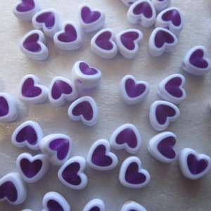 Purple and White Heart Acrylic Beads 8.5mm 14 Beads