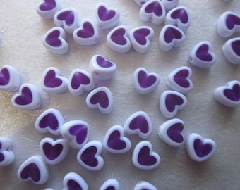 Purple and White Heart Acrylic Beads 8.5mm 14 Beads