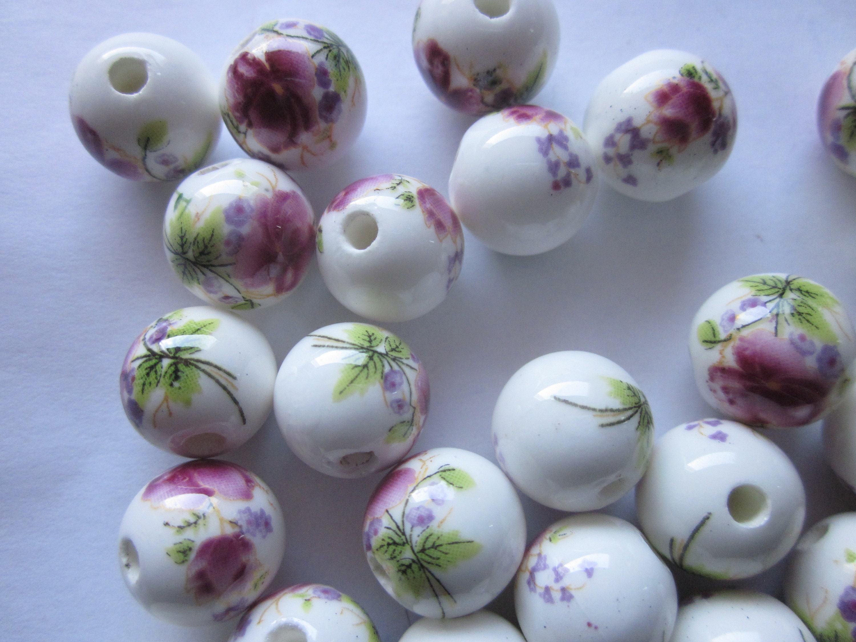 Purple Bead Set, Porcelain Beads, Floral Bead Set, Ceramic Charms