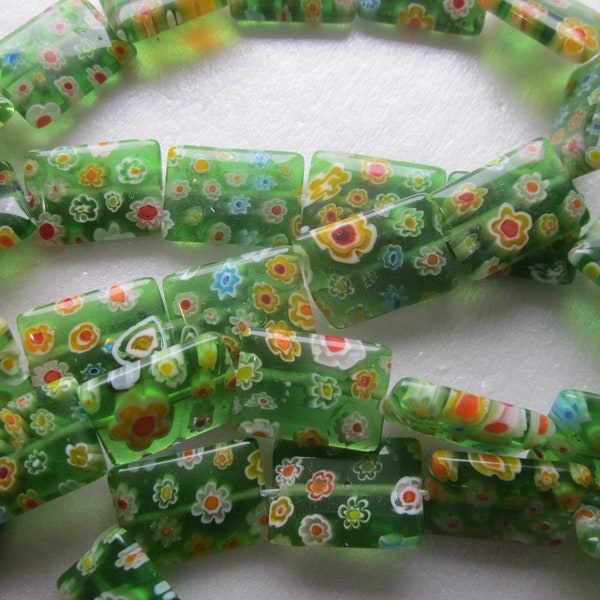 Green Multi Color Rectangle Millefiori Glass Beads 18x13mm 12 Beads