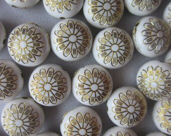 Gold and Beige Flat Acrylic Flower Beads 16mm 20 Beads