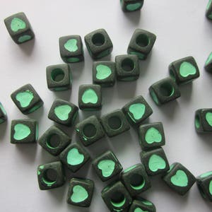Black and Mint Green Heart Cube Acrylic Beads 7x7mm 20 Beads