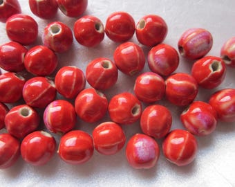 Red Multi Color Round Porcelain Beads 10-11mm 12 Beads