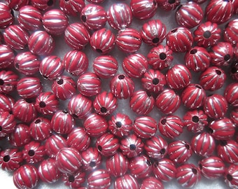 Red and Silver Acrylic Beads 6mm 24 Beads