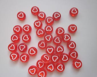Red and White Heart Acrylic Beads 7-8mm 20 Beads