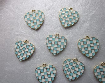 May include: Nine gold heart-shaped charms with a blue and white checkered pattern. The charms have a loop at the top for attaching to jewelry or other crafts.