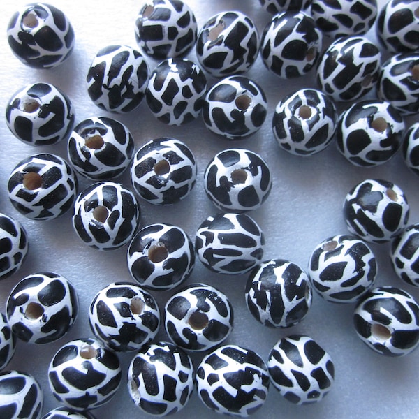 Black and White Cow Pattern Round Wood Beads 10x9mm 16 Beads