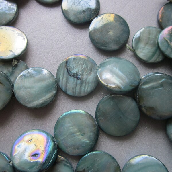 Teal Coin Mother of Pearl Shell Beads 19-20mm 10 Beads