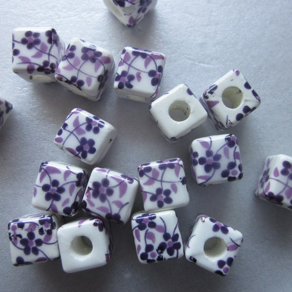 Purple and White Cube Porcelain Beads 10mm 12 Beads