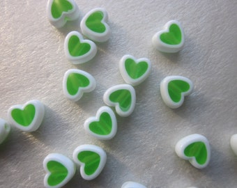 Green and White Heart Acrylic Beads 8.5mm 14 Beads