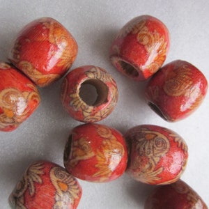 Houten trommelkralen verbrand oranje beige 16 mm 8 kralen