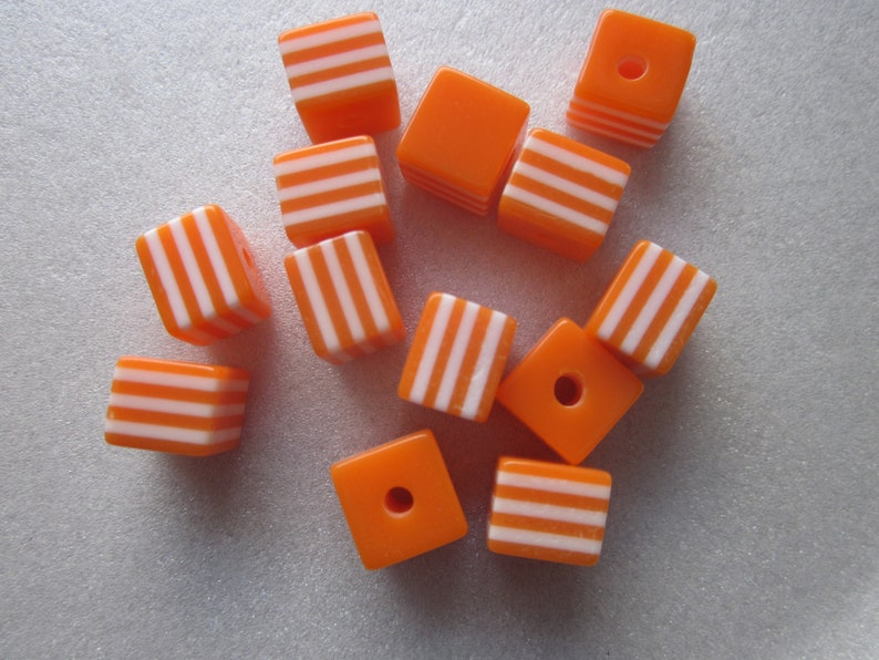 Orange and White Cube Resin Beads 8x7mm 12 Beads