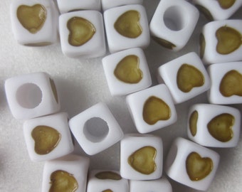 SALE - Army Green and White Heart Cube Acrylic Beads 7x7mm 14 Beads