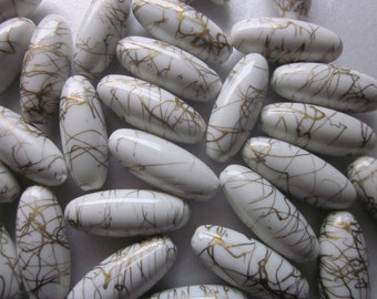 White and Gold Oval Acrylic Beads 32x12mm 10 Beads