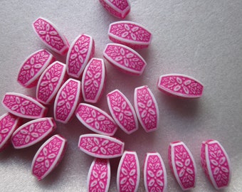 Fuschia and White Antique Acrylic Beads 13x6mm 9 Beads