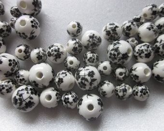 Black and White Round Porcelain Beads 6-12mm 16 Beads