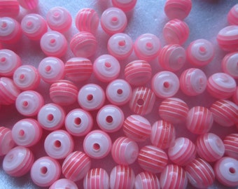 Pink Round Striped Resin Beads 8mm 20 Beads