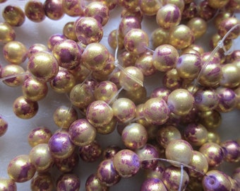 Gold and Pink Round Glass Beads 8-9mm 30 Beads