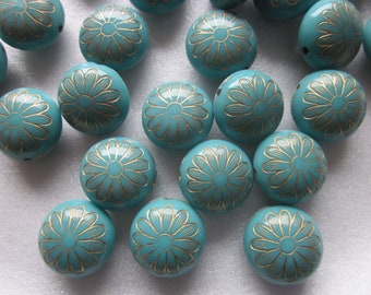 Blue and Gold Flower Coin Acrylic Beads 16x10mm 20 Beads