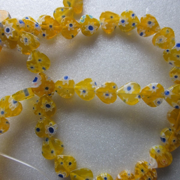 Yellow Multi Color Heart Millefiori Glass Beads 8mm 14 Beads