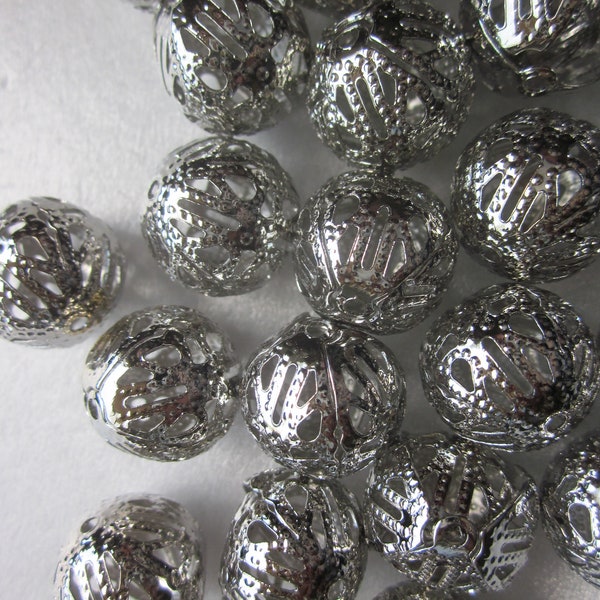 Silver Iron Filigree Round Beads 12-13mm 14 Beads