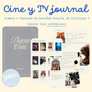 Puede incluir: Un diario digital de cine y televisión con el texto "Cine y TV journal" y "Diario de Cine". El diario incluye rastreadores de reseñas de películas digitales con hipervínculos. El diario tiene una cubierta azul claro y un logo azul que dice "you and me".