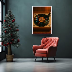 May include: A framed picture of a retro record player with a vinyl record. The record label says "Life is Better on Vinyl." A red armchair and a Christmas tree are in the foreground.