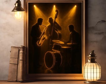 Golden Jazz Trio Art Print, Retro Music Wall Decor, Jazz Room Digital Download