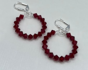 Red Swarovski Crystal Earrings, Red Crystal Earrings, Small Hoop Earrings, Holiday Red Earrings