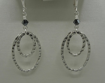 Silver Hammered Dangle Lever Back Earrings, Silver and Swarovski Loop Drop Earrings, Lever back Silver Dangle  Earrings