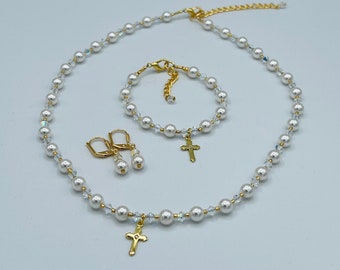 Gold Communion Set, First Holy Communion Necklace, Bracelet and Earring Set, Gold First Holy Communion Necklace Set, Baby Pearl Necklace Set