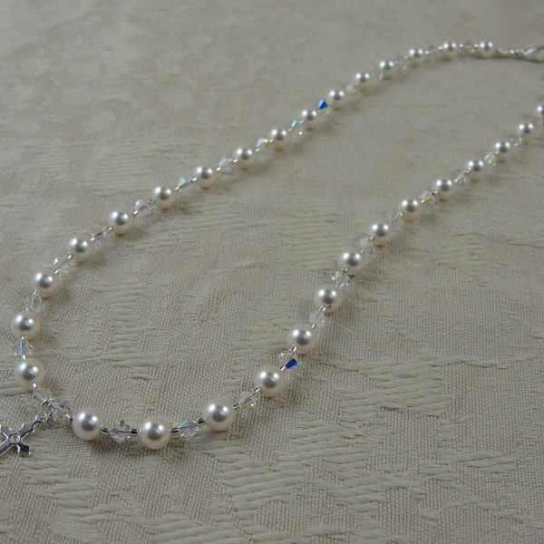 First Holy Communion Necklace, Sterling Silver Cross Necklace,  Swarovski Pearl and Crystal Necklace, Girls Pearl Necklace