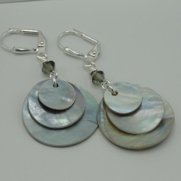 Natural Shell Earrings,  Shell Lever Back Earrings, Grey Shell Earrings, Round Shell Earrings