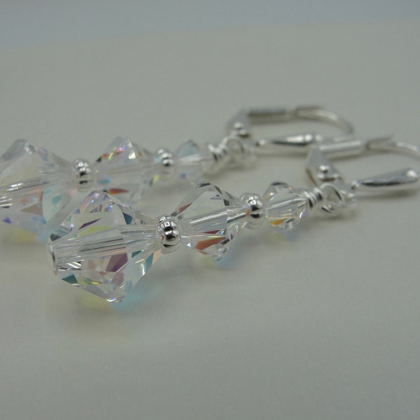 Swarovski Crystal Lever Back Earrings, Wedding Earrings, Long Crystal Earrings,  Long AB Crystal  Drop  Earrings