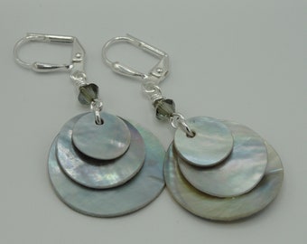 Natural Shell Earrings,  Shell Lever Back Earrings, Grey Shell Earrings, Round Shell Earrings