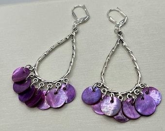 Purple Shell Earrings, Purple Earrings, Purple Lever Back Earrings