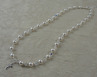 First Holy Communion Necklace, Sterling Silver Cross Necklace,  Swarovski Pearl and Crystal Necklace, Girls Pearl Necklace