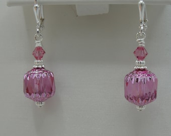 Pink Czech Crystal Drop Earrings, Pink Crystal Lever Back Earrings, Silver and Pink Crystal Dangle Earrings