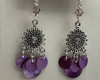 Purple Chandelier Earrings, Purple Lever Back Dangle Earrings, Purple Shell Earrings, Purple Lever Backs