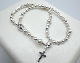 White Pearl Rosary, White Pearl Rosary Bracelet, Magnetic Clasp Rosary Bracelet, Mini Rosary, Catholic Gift, Religious Gift